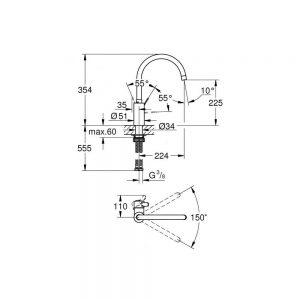 Afmetingen GROHE Eurosmart Cosmopolitan keukenmengkraan hoge uitloop supersteel | 32843DC2