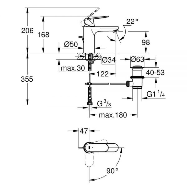 Eurosmart Cosmopolitan wastafelkraan medium uitloop 2339600E afmetingen